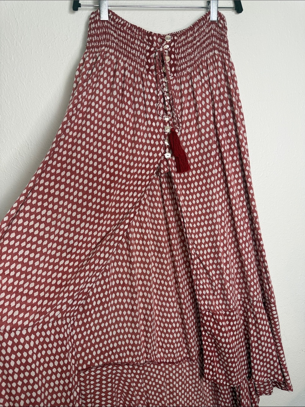Tiare Hawaii Rust Red Printed Maxi Skirt with Tassel Buttons